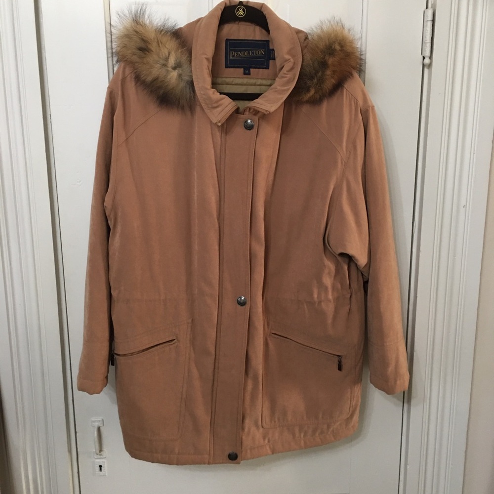 Pendleton Tan Women's Coat with Real Fox Fur Trim